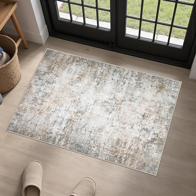 Washable Area Rug 2x3 Entryway Rug: Washable Modern Abstract Soft Thin Rug Indoor Floor No Slip Stain Resistant Carpet for Bedroom Dining Room Farmhouse Nursery Home Office - Brown Grey by FXRHLP