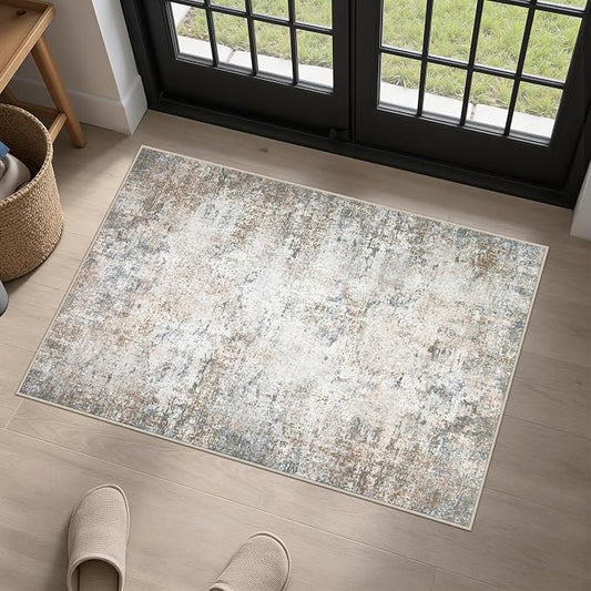 Washable Area Rug 2x3 Entryway Rug: Washable Modern Abstract Soft Thin Rug Indoor Floor No Slip Stain Resistant Carpet for Bedroom Dining Room Farmhouse Nursery Home Office - Brown Grey by FXRHLP