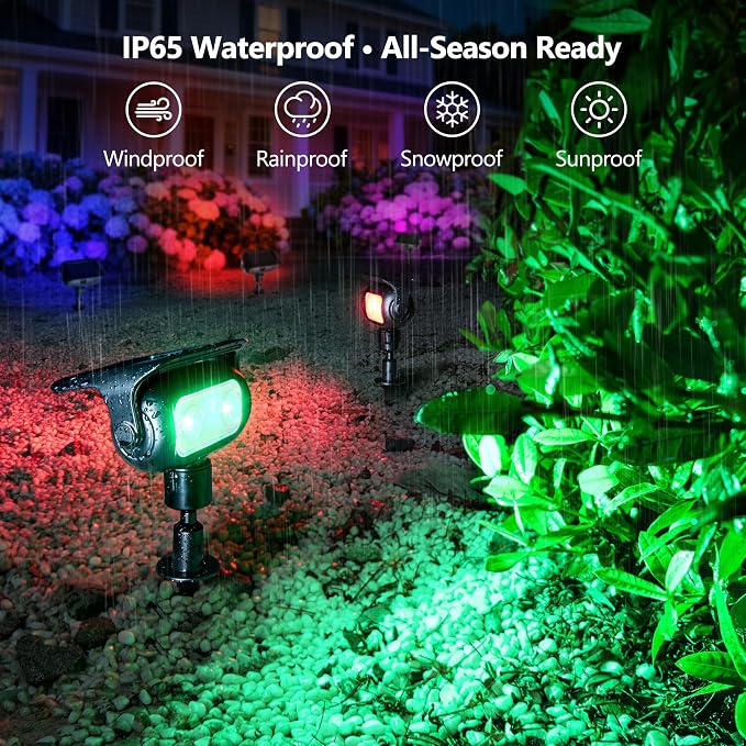 Brizled Solar Spot Light Outdoor Color Changing RGB LED Landscape Spotlight | 360° Rotation; 9 Colors & 11 Modes; IP65 Waterproof; Stake or Wall Mounted for Halloween Christmas Yard Tree Garden Pathway - Image 9