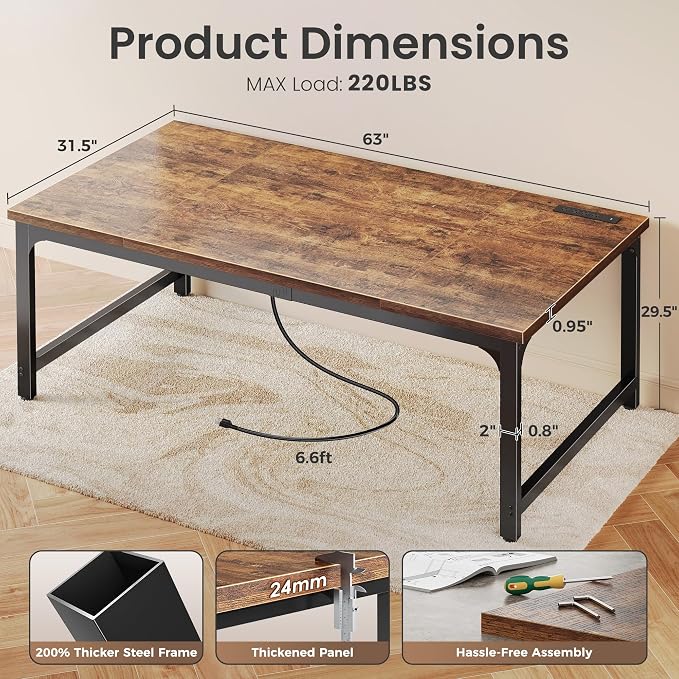 Huuger 63 x 31.5 inch Desk with Power Outlets & USB-C, 0.95 Inch Thicker Desktop, Robust Metal Tubes, Deep Computer Desk, Heavy Duty Office Desk, for Home Office, Rustic Brown - Image 2