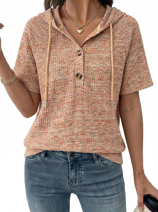 Dokotoo Womens Summer Tops 2026 Short Sleeve Button V Neck Waffle Knit Lightweight Drawstring Hoodies Casual Blouses Shirts by Dokotoo