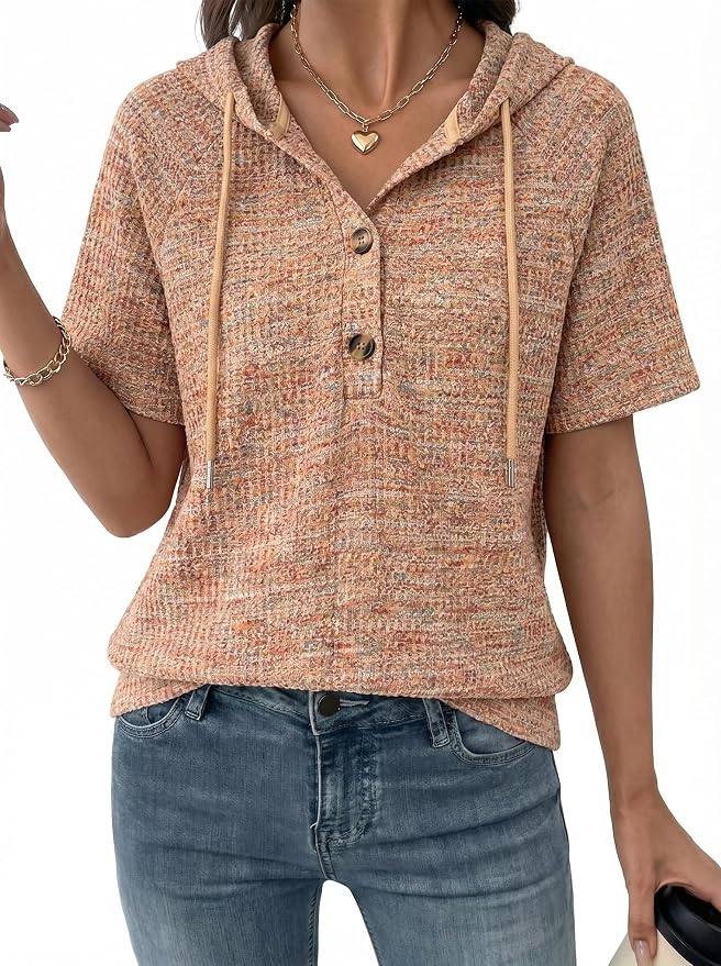 Dokotoo Womens Summer Tops 2026 Short Sleeve Button V Neck Waffle Knit Lightweight Drawstring Hoodies Casual Blouses Shirts by Dokotoo