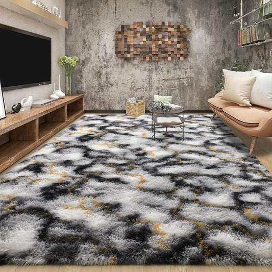 Tepook Fluffy Large Rugs for Living Room, Area Rug 6x9 Soft Carpet for Bedroom, Modern Shaggy Rug for Kids Boys Girls, Plush Indoor Nursery Home Decor Rug with Non-Slip Bottom, White Black Gold by Tepook