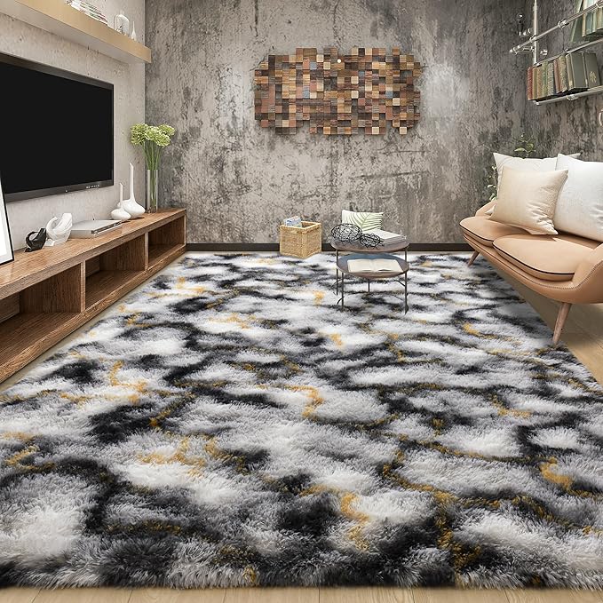 Tepook Soft Fluffy Rugs for Living Room, 5x8 Shaggy Area Rug for Bedroom, Modern Shag Rug Fuzzy Carpets for Kids, Plush Indoor Nursery Home Decor Rug with Non-Slip Bottom, White Black Gold - Image 3