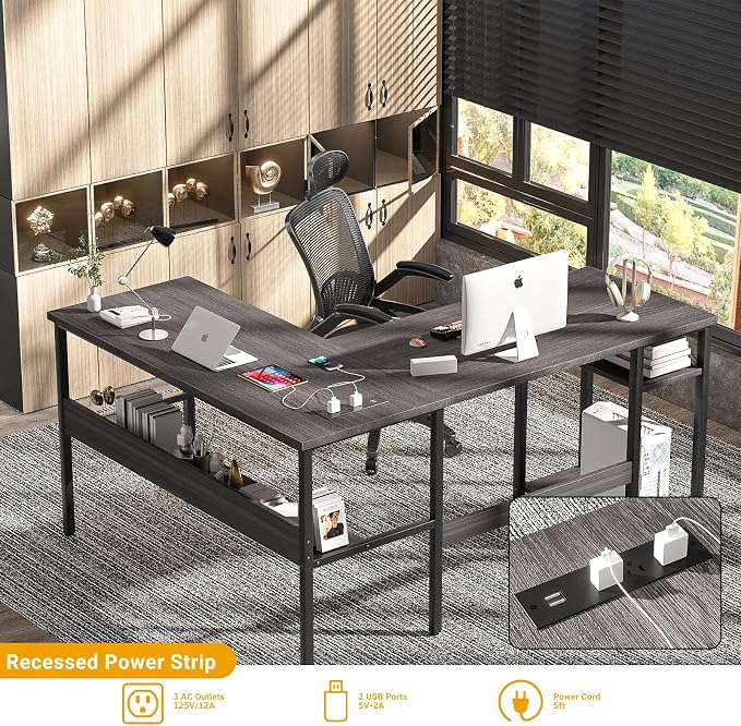 Unikito Reversible L Shaped Desk with Magic Power Outlets and USB Charging Ports, Sturdy Corner Computer Desk with Storage Shelves, Gaming Table Home Office Desk, Easy to Assemble, Enoch Walnut - Image 4