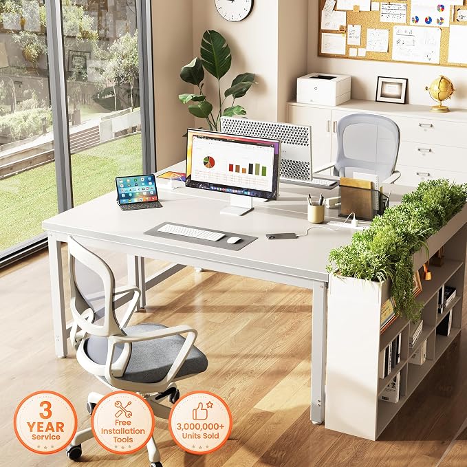 Huuger 55 x 24 inch Desk with Power Outlets & USB-C, Deeper & Thicker Desktop, Robust Metal Tubes, Computer Desk, Heavy Duty Office Desk, Work Gaming Desk for Home Office, White - Image 3