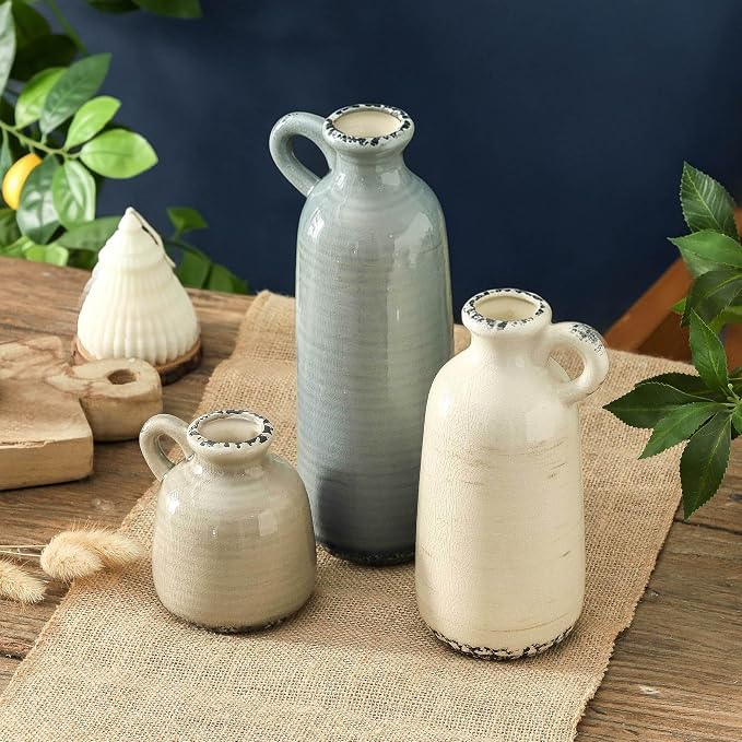 Ceramic Vases Set of 3, Neutral Rustic Farmhouse Vase with Handle, Decorative Flower Vases Home Decor Modern Boho Pampass Vase for Table Mantel Entryway Shelf Living Room Kitchen Bathroom - Ocean - Image 7