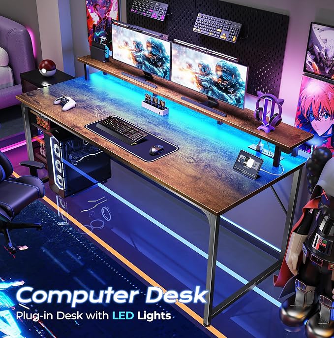 PRAISUN 55 inch Gaming Desk, LED & Outlets, Monitor Stand, Rustic Brown | Sturdy PC Desk for Home Office, Study & Work, LED Lights, 4 AC Outlets & USB-C Charging Station - Image 4