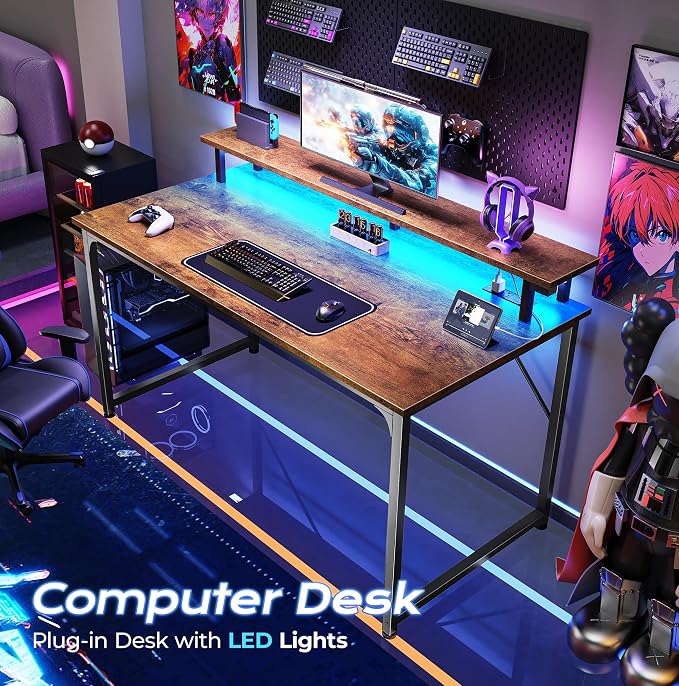 PRAISUN 40 inch Gaming Desk, LED & Outlets, Monitor Stand, Rustic Brown | Sturdy PC Desk for Home Office, Study & Work, LED Lights, 4 AC Outlets & USB-C Charging Station - Image 4