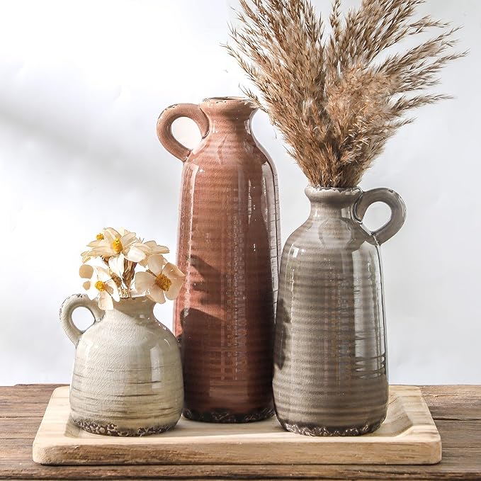 Ceramic Vases Set of 3, Neutral Rustic Farmhouse Vase with Handle, Decorative Flower Vases Home Decor Modern Boho Pampass Vase for Table Mantel Entryway Shelf Living Room Kitchen Bathroom - Brown by ooit