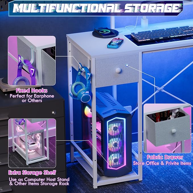 X-cosrack 33.5" Small Computer Desk with Monitor Stand & Outlets, Small Gaming Desk with LED Light & CPU Stand, Teen Study Writing Table with Storage Drawer, Side Hooks for Bedroom, Home Office White - Image 7