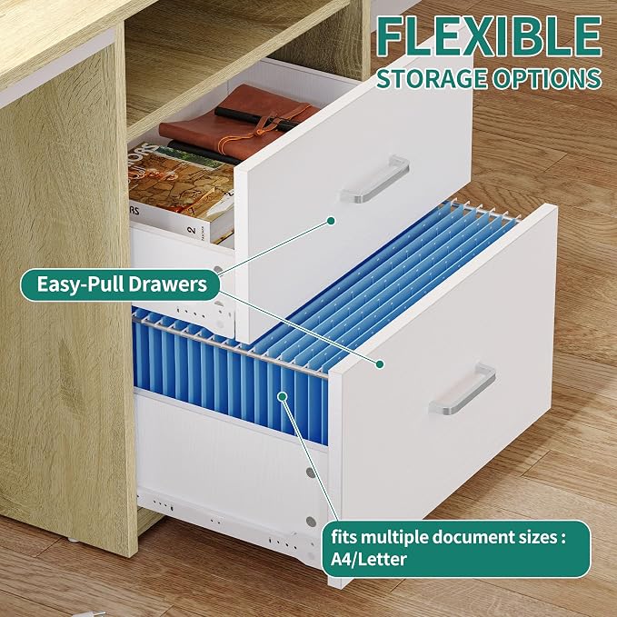 DWVO Computer Desk with Drawers, 47.2" Office Desk with Power Outlets & LED Light, Home Office Desk with Storage Shelves, White & Oak | Built-In Power Outlets, Led Light, Storage Shelves, Drawers, Compact Size, for Home Office Small Space, Easy Assembly - Image 6