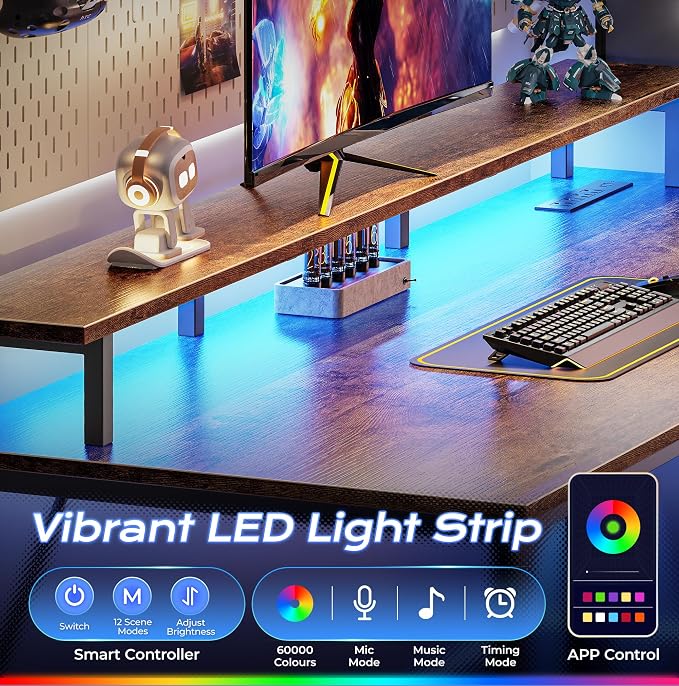 PRAISUN 55 inch Gaming Desk, LED & Outlets, Monitor Stand, Rustic Brown | Sturdy PC Desk for Home Office, Study & Work, LED Lights, 4 AC Outlets & USB-C Charging Station - Image 6