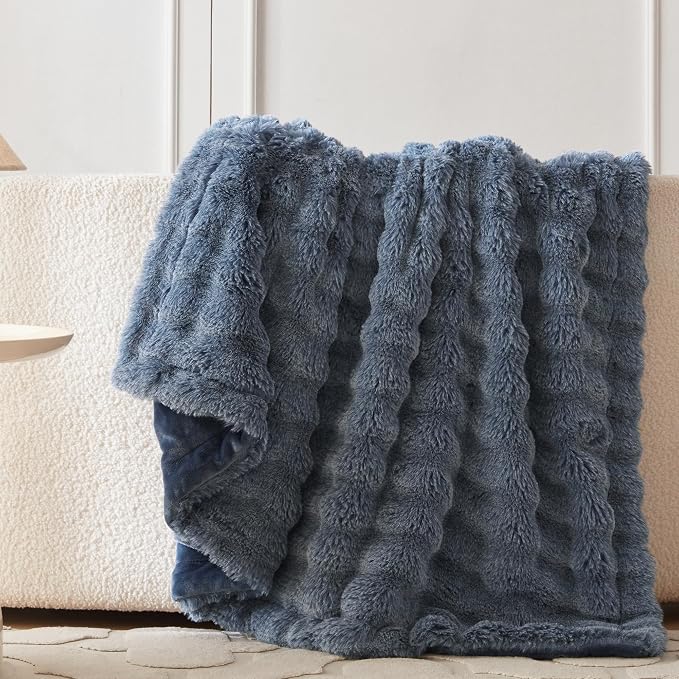 COOVA Faux Fur Throw Blanket for Couch, Cozy Soft and Fuzzy Plush Rabbit Fur Bubble Blanket for Sofa Bedroom Living Room, 50x60 Inches Cationic Dark Blue - Image 3