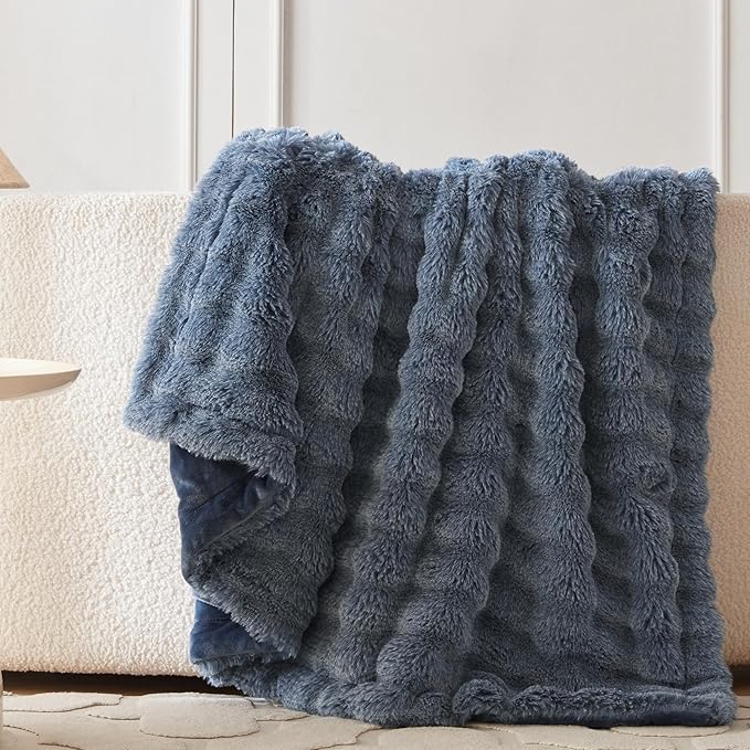 COOVA Faux Fur Throw Blanket for Couch, Cozy Soft and Fuzzy Plush Rabbit Fur Bubble Blanket for Sofa Bedroom Living Room, 60x80 Inches Cationic Dark Blue - Image 4