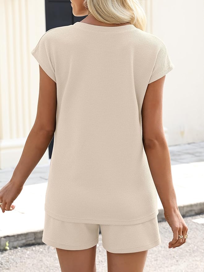 ANRABESS Womens Waffle Knit 2 Piece Short Sets Cap Sleeve Summer 2026 Matching Lounge Outfits Travel Beach Vacation Sweatsuit - Image 4