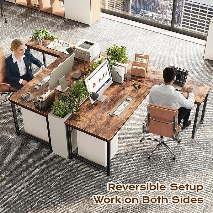 Huuger 55 Inch L Shaped Desk with Power Outlets and USB-C Port, 0.95 Inch Thicker Desktop, Reversible Computer Desk, Larger Office Corner Gaming Desk, Metal Frame, for Home Office, Study, Rustic Brown - Image 2