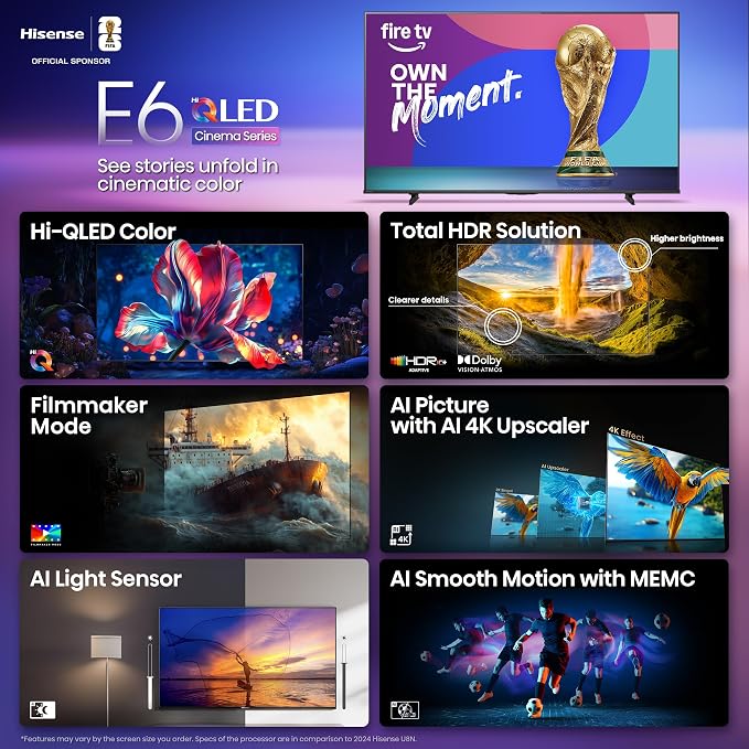 Hisense 65" E6 Cinema Series Hi-QLED 4K UHD Smart Fire TV (65E6QF) -AI Light Sensor, Dolby Vision · Atmos, Voice Remote with Alexa, Motion Rate 120, HDR 10+ Adaptive, Game Mode Plus - Image 4