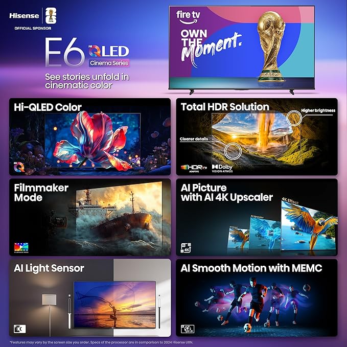 Hisense 50" E6 Cinema Series Hi-QLED 4K UHD Smart Fire TV (50E6QF) - AI Light Sensor, Dolby Vision · Atmos, Voice Remote with Alexa, Motion Rate 120, HDR 10+ Adaptive, Game Mode Plus - Image 4
