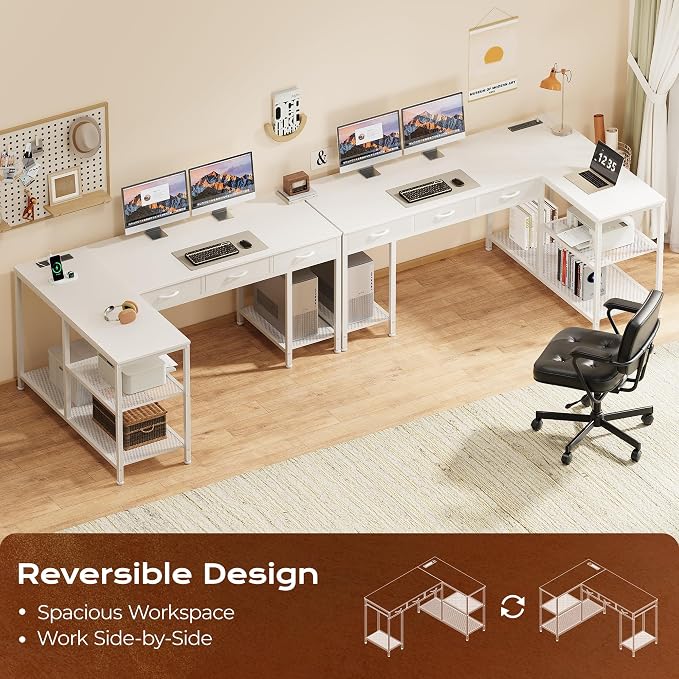 PRAISUN 55 Inch L Shaped Office Desk with Power Outlets and Type-C Port, Large Computer Gaming Desk with 3 Fabric Drawers, Mesh Shelves, Corner Study Work Writing Desk, White - Image 4