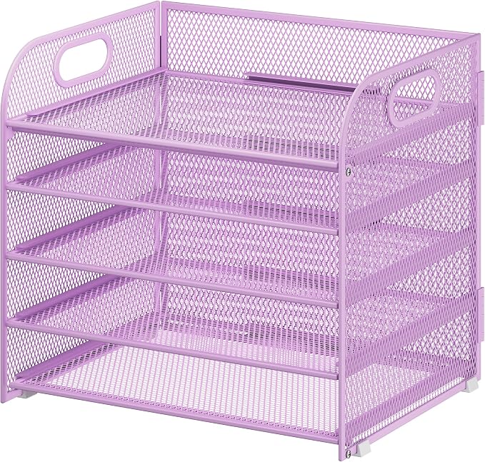 Cawukege 5 Tier Paper Organizer with Handle, Metal Mesh Desk Organizer File Folder Paper Letter Tray Desktop Document Sorter for Classroom, School, Office Accessories Organization and Storage - Purple - Image 9
