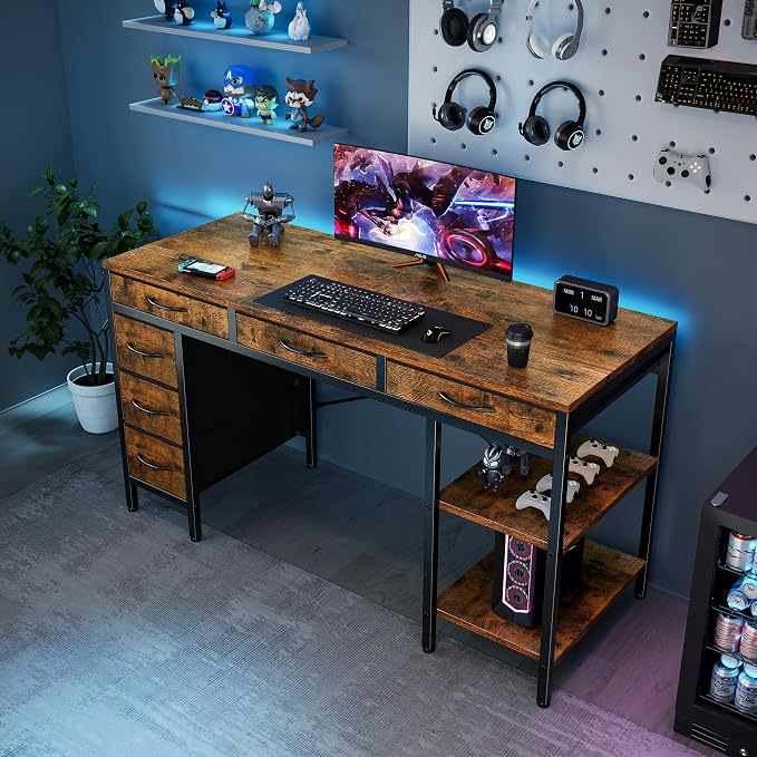 Sweetcrispy 55" Computer Desk with 6 Fabric Drawers & Storage Shelves | Reversible Gaming Desk, Office Desk, Computer Workstation, Corner Desk with Storag, Home Office, Living Room, Rustic Brown - Image 2