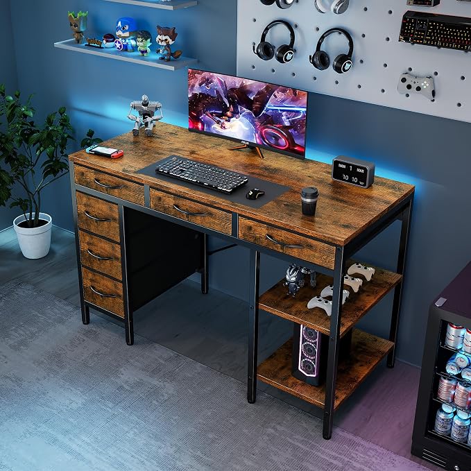 Sweetcrispy 47" Computer Desk with 6 Fabric Drawers & Storage Shelves | Reversible Gaming Desk, Office Desk, Computer Workstation, Corner Desk with Storag, Home Office, Living Room, Rustic Brown - Image 4