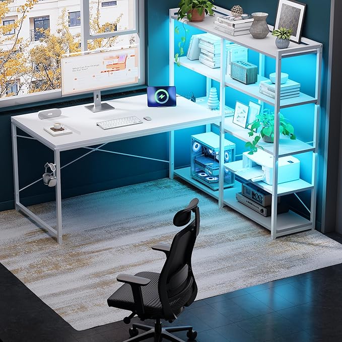 Pamray 49 Inch L Shaped Gaming Computer Desk with Shelves and Storage | Compact Reversible Design with LED Lights & Power Outlets, Suitable for Home Office Bedroom Small Spaces and Dorm Study Work by PAMRAY