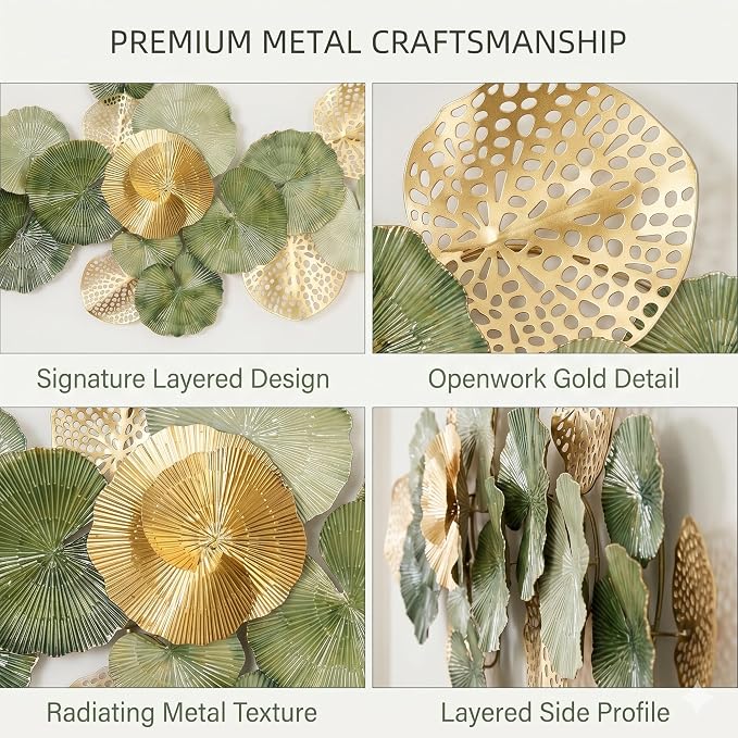 Axioglo 67" Large Wall Decor 3D Lotus Leaf Metal Wall Art for Living Room | 67" x31" metal wall decor with layered metal texture, mounting hardware, two-way display - Image 5