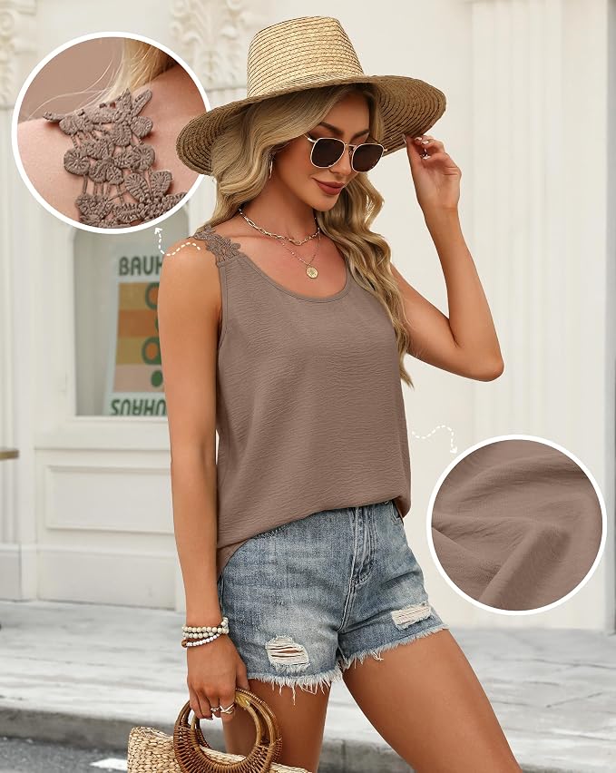 OFEEFAN Tank Top for Women Loose Fit Crew Neck Sleeveless Shirts Strap Lace Camisole Chiffon Summer Tops Curved Hem - Image 4