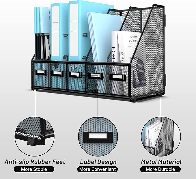 SUPEASY Desk Organizers Metal Desk Magazine File Holder with 16''x12''x12'' 5 Vertical Compartments Rack File Organizer for Office Desktop, Classroom, Home Workspace, Black Plus - Image 4