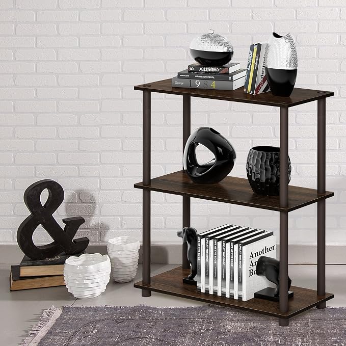 Furinno TURN-N-TUBE Storage Shelves, 3-Tier Book Shelf, Corner Shelf, Toolless Open Shelves, for Organization and Storage, Living Room, Garage, Home Office, Walnut - Image 2