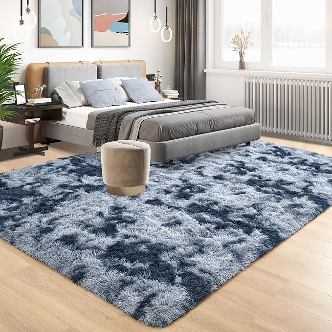 Tepook Area Rugs 9x12 for Living Room, Super Soft Fluffy Rugs for Bedroom, Modern Shaggy Rug Fuzzy Carpets for Kids, Plush Indoor Nursery Home Decor Rug with Non-Slip Bottom, Tie-Dyed Blue and Grey - Image 3