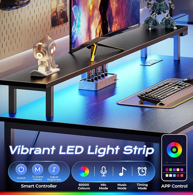PRAISUN 40 inch Gaming Desk, LED & Power Outlets, Monitor Stand, Black | Sturdy PC Desk for Home Office, Study & Work, LED Lights, 4 AC Outlets & USB-C Charging Station - Image 6