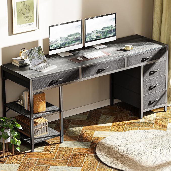 Huuger Computer Desk with 6 Drawers, Office Desk with Shelves, Reversible Gaming Desk, Corner Desk with Storage, Work for Home Office, Study, Living Room, 63inch, Grey - Image 8