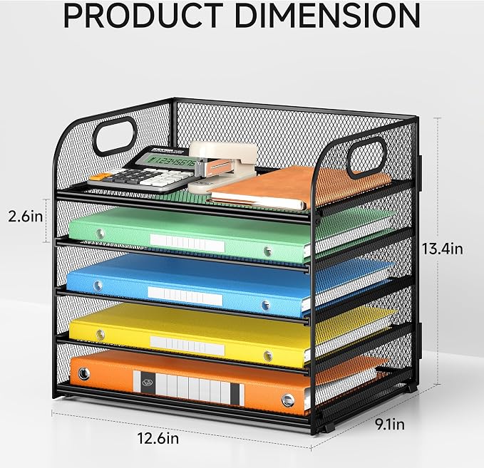 Lavatino 5 Tray Desk File Organizer, Black Mesh Paper Sorter Letter Tray Organizer with Handle, Desktop File Organizer and Storage for Letter/A4 Office File Folder - Image 2