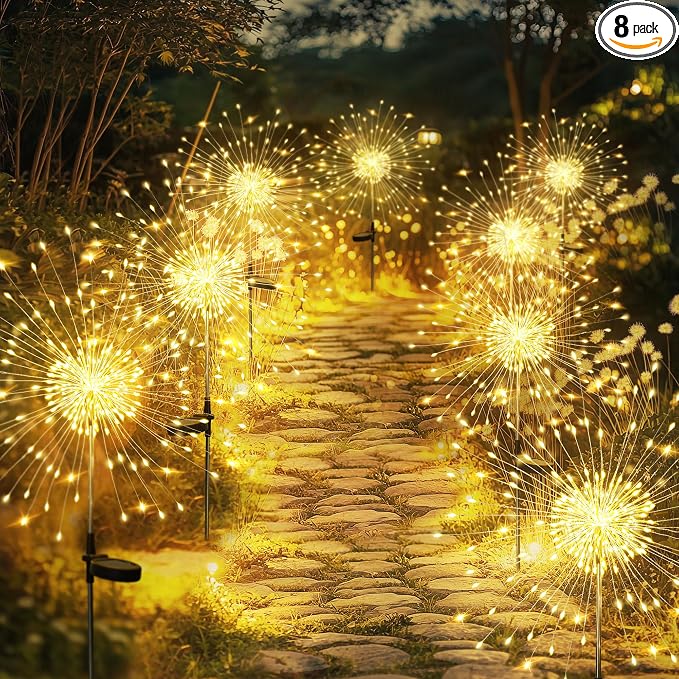GIGALUMI Garden Decor Outdoor Lights 120LED 8Pack, Solar Garden Lights Outside Fairy Firework Decorative,Solar Powered for Yard Pathway Flowerbed Planter Balcony Patio, Gifts for mom (Warm White by GIGALUMI