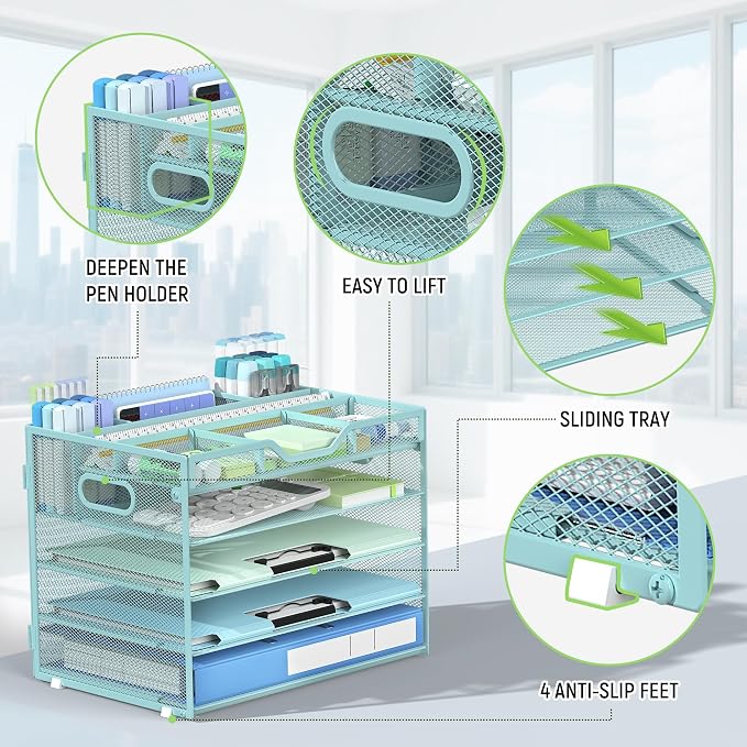 Docnest 5 Tier Mesh Desk Organizer with Removable Tray&Pen Holder, Blue | Features 3 detachable pen holders and 4 removable dividers.Versatile mesh desktop storage for mail, document,office supplie - Image 5
