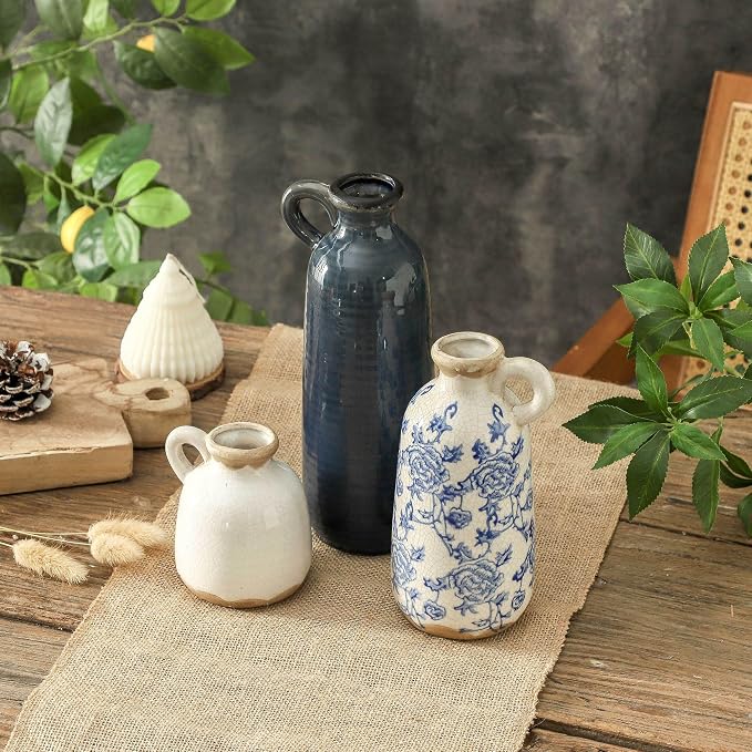 Ceramic Vase Set of 3 with Handle, Vintage Rustic Vases Home Decor Farmhouse Decorative Vase Pottery Decor Modern for Table Mantel Entryway Bookshelf Living Room Kitchen Bedroom - Blue - Image 4
