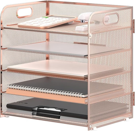 Supeasy 5 Trays Paper Organizer Letter Tray with Handle-Mesh Desk File Organizer, Paper Sorter Desk Organizer for Office, Home or School (Rose Gold) by SUPEASY