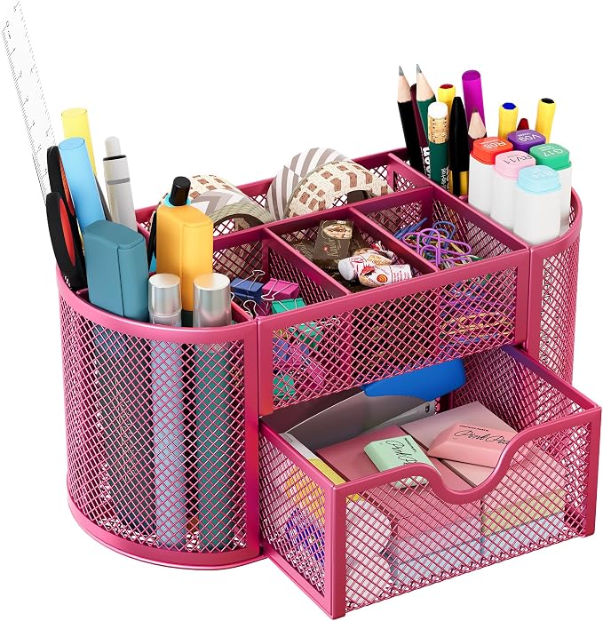 EasyPAG Mesh Pen Holder Desk Organizer with Drawer Stationery Supplies Organizer for Dorm School 9 Compartments Workspace Desk Accessories Organization for Office, Hot Pink by EasyPAG