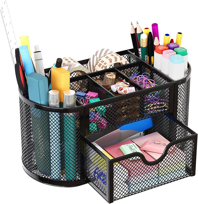 EasyPAG Mesh Pen Holder Desk Organizer with Drawer Stationery Supplies Organizer for Dorm School 9 Compartments Workspace Desk Accessories Organization for Office, Black by EasyPAG