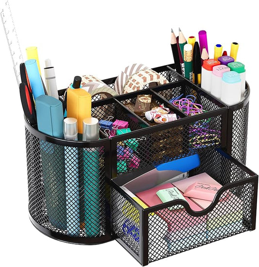 EasyPAG Mesh Pen Holder Desk Organizer with Drawer Stationery Supplies Organizer for Dorm School 9 Compartments Workspace Desk Accessories Organization for Office, Black by EasyPAG