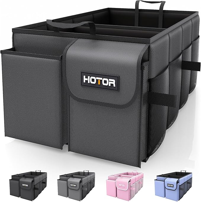 HOTOR Foldable Trunk Organizer - SUVs & Sedans, Sturdy Car Organization With 2 Compartments, Black, 23.6"×14.2"×10.6" by HOTOR