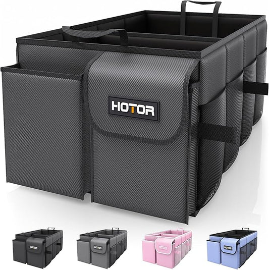 HOTOR Foldable Trunk Organizer - SUVs & Sedans, Sturdy Car Organization With 2 Compartments, Black, 23.6"×14.2"×10.6" by HOTOR