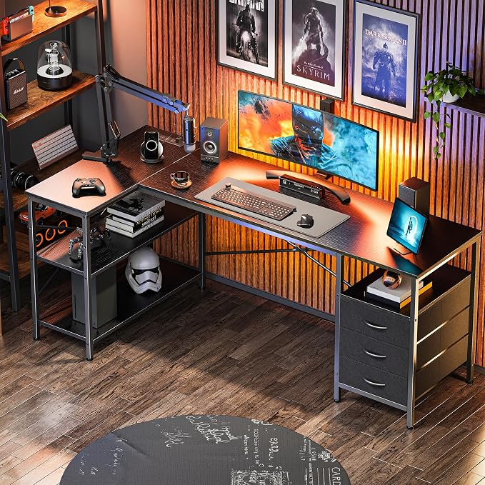 Huuger L Shaped Desk with Power Outlets, 63 Inch Reversible Computer Desk with 3 Drawers and Shelves, Home Office Table for Corner Work Study Writing Gaming, Black - Image 8