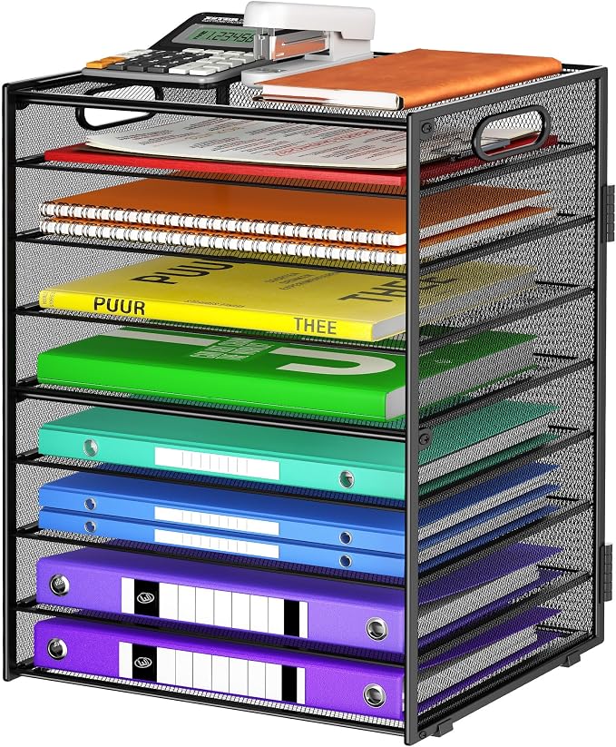 Cawukege 9 Tier Paper Organizer with Handle, Black Large Capacity Desk Organizer Mesh File Folder Letter Paper Tray Desktop Document Sorter for Classroom, School, and Office Accessories Organization by Cawukege