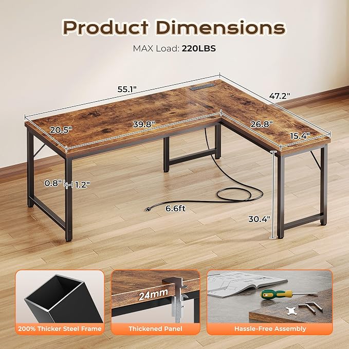 Huuger 55 Inch L Shaped Desk with Power Outlets and USB-C Port, 0.95 Inch Thicker Desktop, Reversible Computer Desk, Larger Office Corner Gaming Desk, Metal Frame, for Home Office, Study, Rustic Brown - Image 3