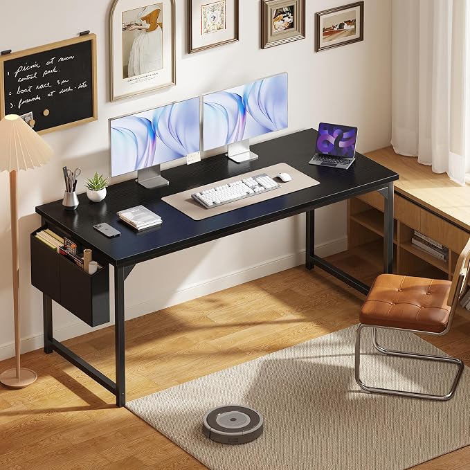 OLIXIS Computer Desk, 63 Inch Gaming Desks for Home Office Small Spaces | Writing Study Craft Work Table, Computer Workstation for Bedroom with Storage Bag, Black - Image 2