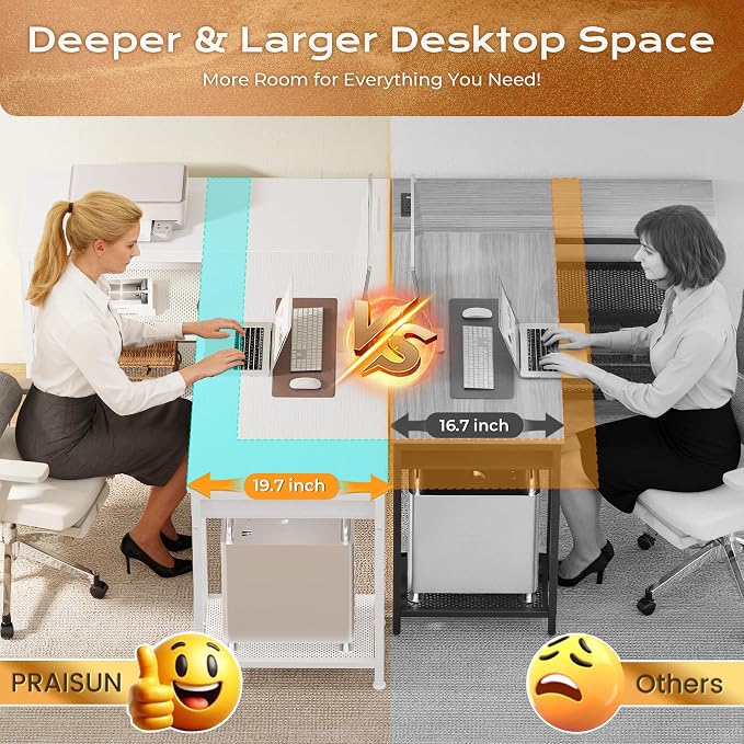 PRAISUN 55 Inch L Shaped Office Desk with Power Outlets and Type-C Port, Large Computer Gaming Desk with 3 Fabric Drawers, Mesh Shelves, Corner Study Work Writing Desk, White - Image 6